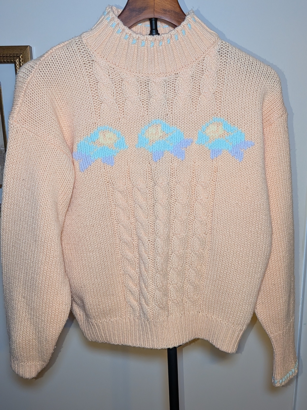 Vintage Tradition Peach Cropped Sweater Floral Mock Neck Short Length Size L